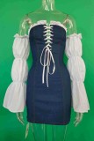 Blue Casual Patchwork Lace Up Backless Contrast Off Shoulder Long Sleeve Bodycon Denim Dresses