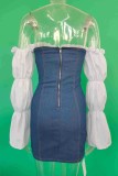 Blue Casual Patchwork Lace Up Backless Contrast Off Shoulder Long Sleeve Bodycon Denim Dresses
