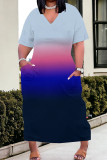 Yellow Red Casual Gradient Color Pocket Patchwork V Neck Straight Plus Size Dresses