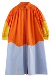 Orange Yellow Casual Patchwork Contrast Turndown Collar Shirt Dresses