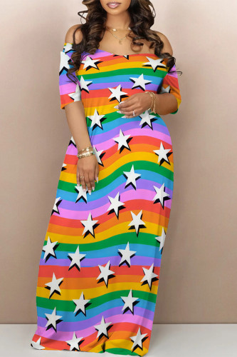 Multi-color Casual The stars Ombre Rainbow Contrast Off Shoulder Printed Dresses