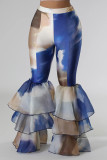 Blue White Street Print Patchwork Ruffle Hem Boot Cut Mid Waist Speaker Full Print Bottoms