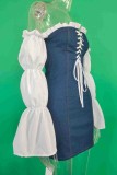 Blue Casual Patchwork Lace Up Backless Contrast Off Shoulder Long Sleeve Bodycon Denim Dresses