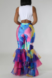 Blue White Street Print Patchwork Ruffle Hem Boot Cut Mid Waist Speaker Full Print Bottoms