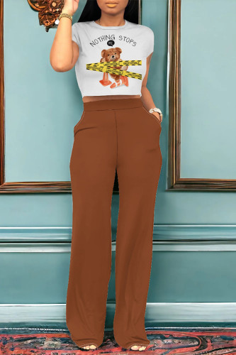 Brown Casual Daily Animal Print Pocket O Neck Short Sleeve Two Pieces