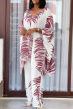 White Casual Print Buckle Patchwork V Neck Long Sleeve Two Pieces