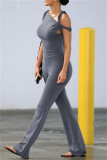 Blue Casual Solid Color Patchwork Oblique Collar Short Sleeve Two Pieces