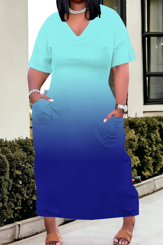 Cyan Casual Gradient Color Pocket Patchwork V Neck Straight Plus Size Dresses