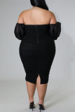 Black Sexy Solid Color Backless Slit Off Shoulder Wrapped Skirt Plus Size Dresses