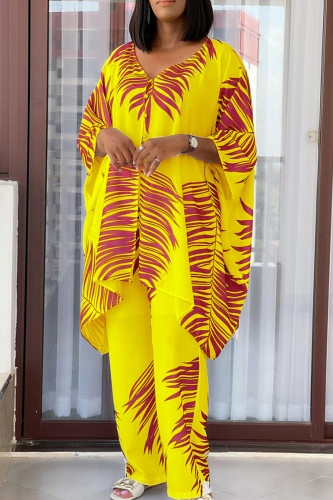 Yellow Casual Print Buckle Patchwork V Neck Long Sleeve Two Pieces
