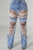 Light Blue Casual Patchwork Ripped Chains Mid Waist Straight Denim Jeans