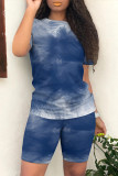 Green Yellow Casual Daily Gradient Print Contrast O Neck Short Sleeve Two Pieces