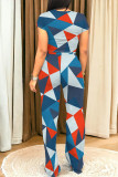 Blue Casual Daily Geometric Print Graffiti Print Pocket Contrast O Neck Short Sleeve Two Pieces