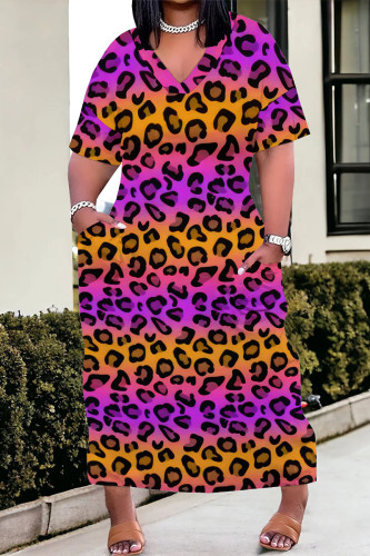 Colour Casual Daily Leopard Print Plants Print Pocket Contrast V Neck Printed Plus Size Dresses