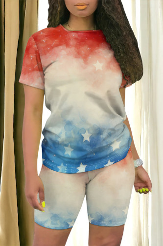 Gradient Color Casual Daily Gradient Print Contrast O Neck Short Sleeve Two Pieces