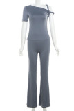 Blue Casual Solid Color Patchwork Oblique Collar Short Sleeve Two Pieces