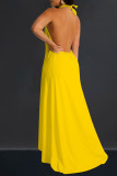 Yellow Sexy Solid Color Hollow Out Backless Patchwork Halter Sleeveless Two Pieces