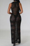 Black Street Solid Color Ripped See-Through Patchwork O Neck Long Dresses
