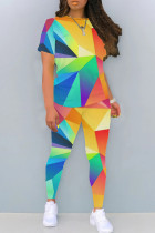 Colour Casual Gradient Color Patchwork O Neck Short Sleeve Two Pieces