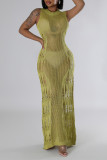 Green Street Solid Color Ripped See-Through Patchwork O Neck Long Dresses