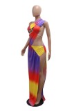 Colour Sexy Print Hollow Out Backless Slit Irregular Oblique Collar Long Dresses