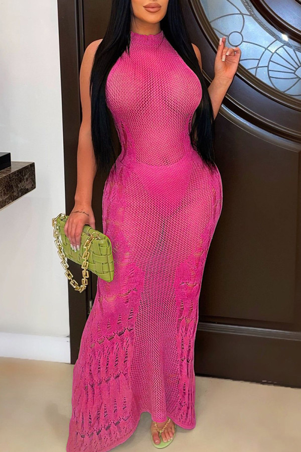 Rose Red Street Solid Color Ripped See-Through Patchwork O Neck Long Dresses