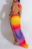 Colour Sexy Print Hollow Out Backless Slit Irregular Oblique Collar Long Dresses