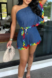 Royal Blue Casual Patchwork Backless Oblique Collar Short Sleeve Regular Denim Jumpsuits