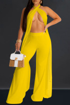 Yellow Sexy Solid Color Hollow Out Backless Patchwork Halter Sleeveless Two Pieces
