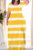 Yellow Casual Tie Dye Patchwork O Neck Straight Dresses
