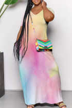 Multicolor Casual Gradient Color Pocket Patchwork V Neck Straight Dresses