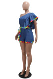 Royal Blue Casual Patchwork Backless Oblique Collar Short Sleeve Regular Denim Jumpsuits