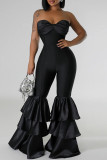 Black Sexy Casual Solid Color Backless Patchwork Strapless Skinny Jumpsuits