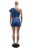 Royal Blue Casual Patchwork Backless Oblique Collar Short Sleeve Regular Denim Jumpsuits