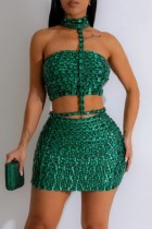 Green Sexy Hot Solid Color Backless Rhinestone Decor Patchwork Halter Sleeveless Two Pieces