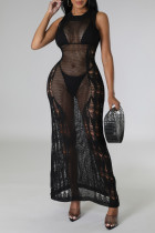 Black Street Solid Color Ripped See-Through Patchwork O Neck Long Dresses