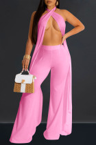 Pink Sexy Solid Color Hollow Out Backless Patchwork Halter Sleeveless Two Pieces