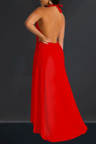 Red Sexy Solid Color Hollow Out Backless Patchwork Halter Sleeveless Two Pieces