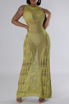 Green Street Solid Color Ripped See-Through Patchwork O Neck Long Dresses