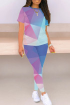 Purplish Blue Casual Gradient Color Patchwork O Neck Short Sleeve Two Pieces