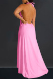 Pink Sexy Solid Color Hollow Out Backless Patchwork Halter Sleeveless Two Pieces