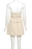 Khaki Casual Solid Color Buckle Strap Design Patchwork Ruffle Hem Strapless Sleeveless Two Pieces