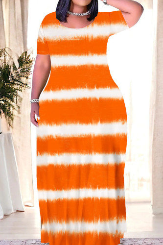 Orange Casual Tie Dye Patchwork O Neck Straight Dresses