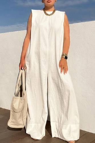 White Casual Solid Color Basic O Neck Loose Jumpsuits