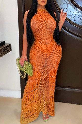 Orange Street Solid Color Ripped See-Through Patchwork O Neck Long Dresses