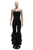 Black Sexy Casual Solid Color Backless Patchwork Strapless Skinny Jumpsuits