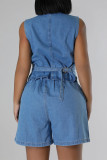 Blue Street Solid Color Pocket Buckle Buttons Zipper Patchwork V Neck Sleeveless Two Pieces