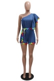 Royal Blue Casual Patchwork Backless Oblique Collar Short Sleeve Regular Denim Jumpsuits