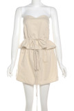 Khaki Casual Solid Color Buckle Strap Design Patchwork Ruffle Hem Strapless Sleeveless Two Pieces