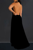 Black Sexy Solid Color Hollow Out Backless Patchwork Halter Sleeveless Two Pieces